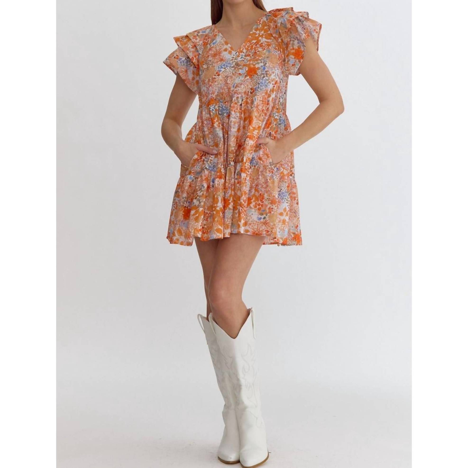 New Entro Ruffle Sleeves And Pockets Floral Mini Dress In Orange Combo